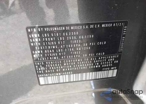 2021 Volkswagen Tiguan 2.0T Se/2.0T Se R-Line Black/2.0T Sel из США, поврежденный, VIN 3VV3B7AX2MM145993